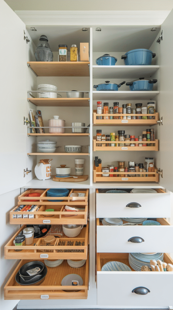 Organized interior cabinet storage improving daily kitchen function