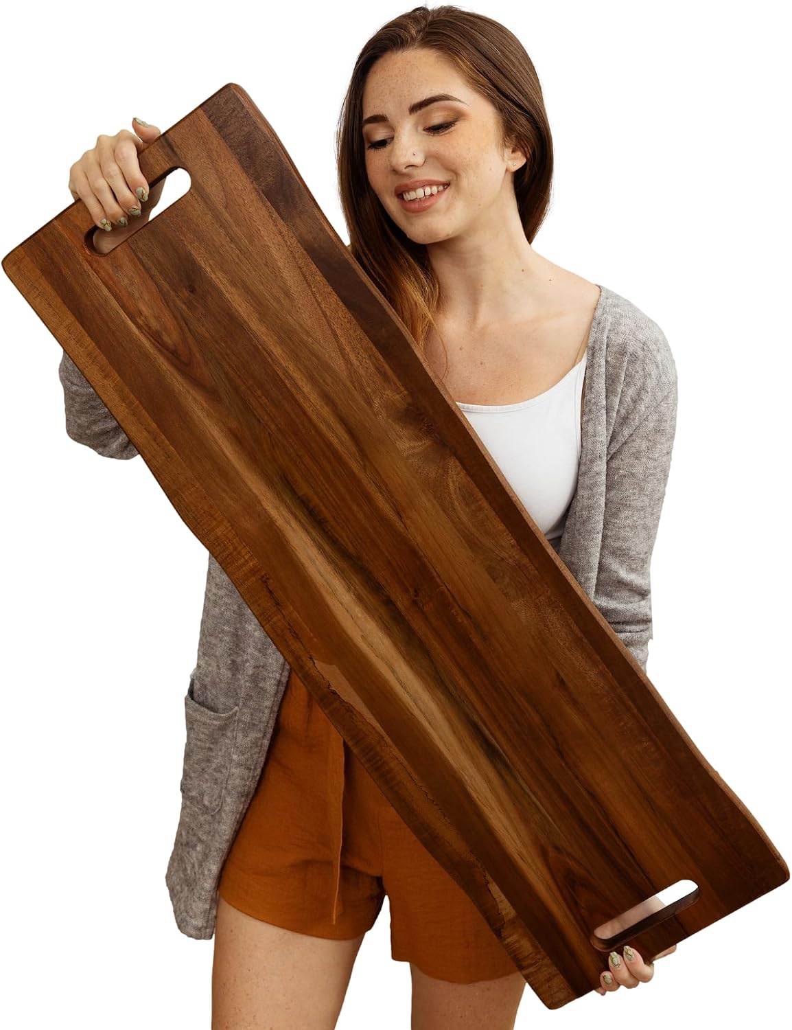Large Acacia Serving Board with Handles, 36 x 12 Inch Rectangular Charcuterie Platter, Natural Wood Server for Meat, Cheese Board, and Party Appetizers, Extra Long 3ft