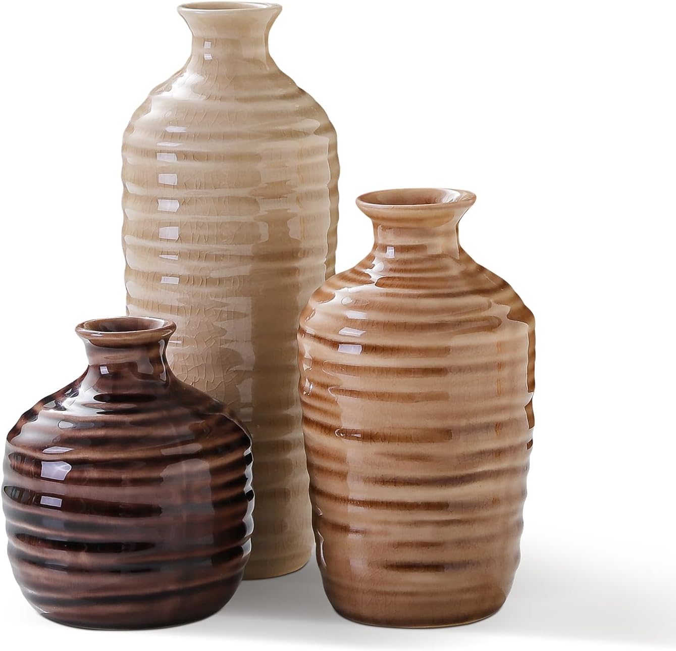 Ceramic Vase Set of 3, Small Vintage Flower Vase Bud Vases for Home Decor, Glossy Neutral Farmhouse Decorative Vases for Living Room, Bathroom, Kitchen, Bookshelf, Coffee Table, Mantel, Office