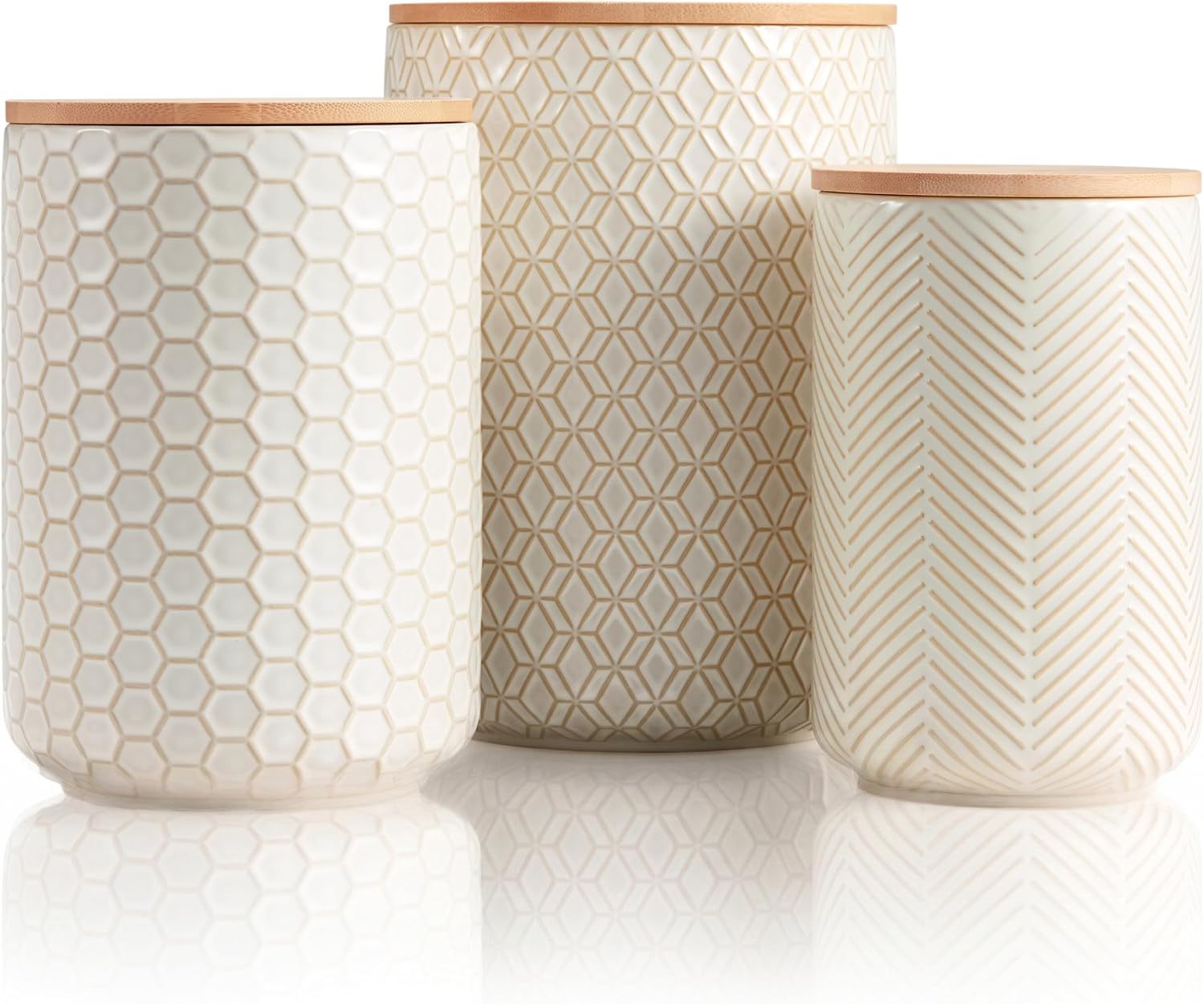 Kook Ceramic Storage Containers, Embossed, Bamboo Lids, Set of 3, Ivory