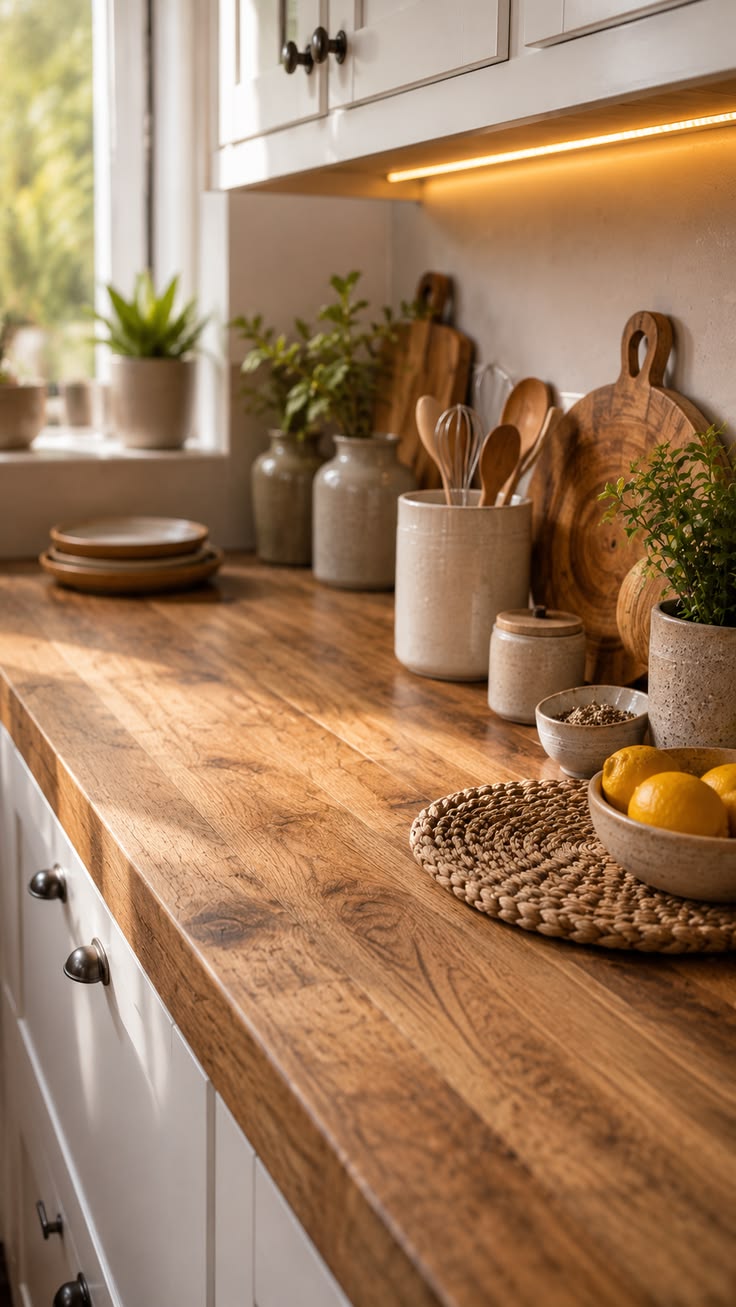 Kitchen counter styled with fresh flowers on a budget
