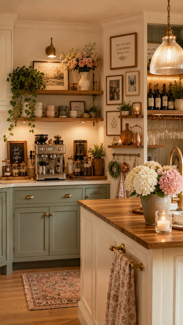 Cozy farmhouse-style kitchen with warm counter styling