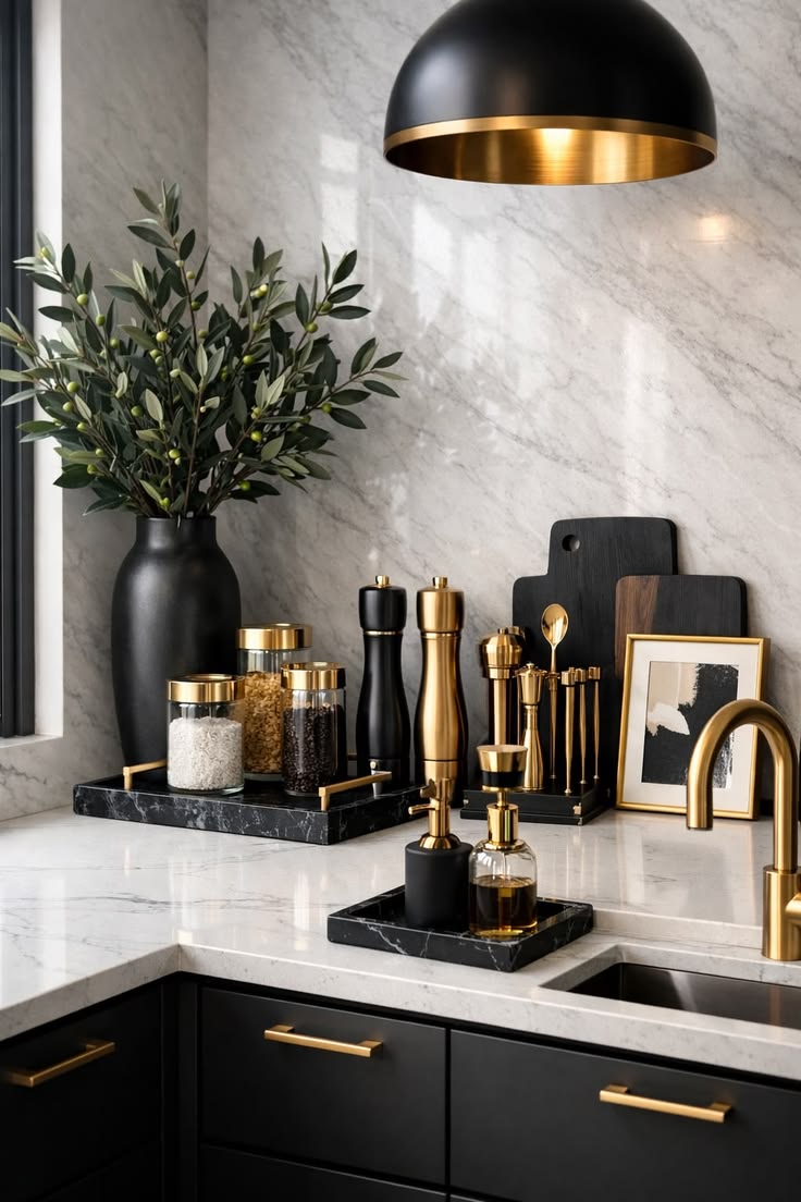 Gold and black kitchen accessories styled on the counter