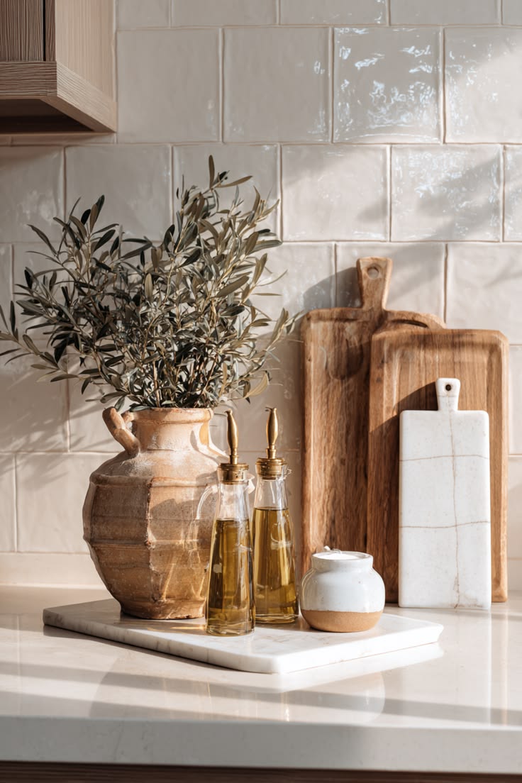 Kitchen counter styled to avoid looking cluttered