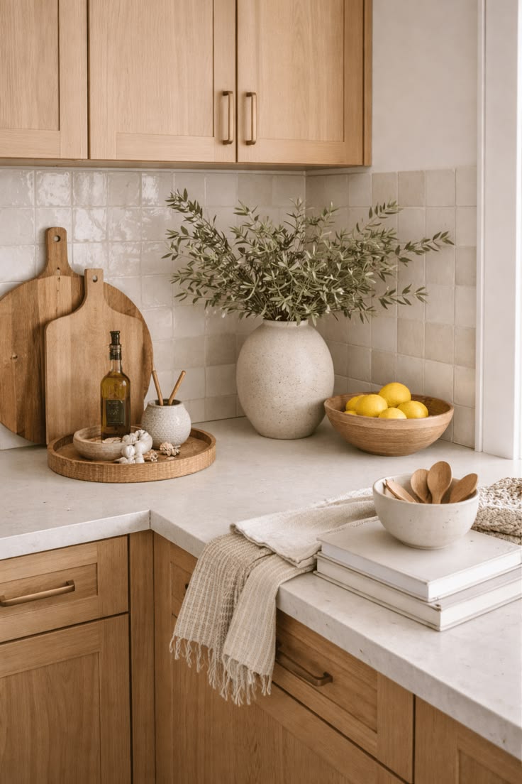 Modern organic kitchen with light wood cabinets