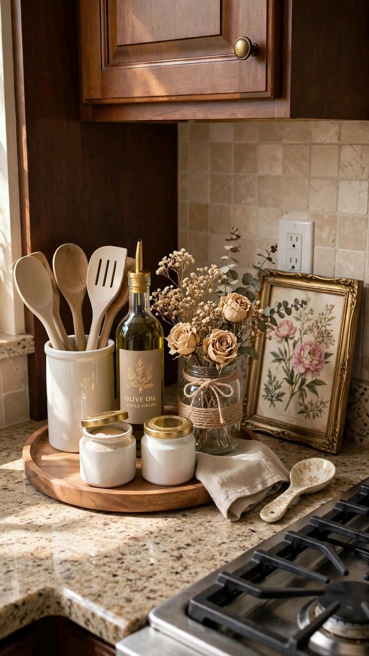 Wooden tray styled with olive oil bottles and dried roses