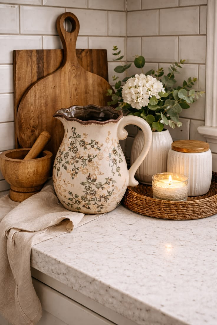 Vintage ceramic vase styled on a kitchen counter