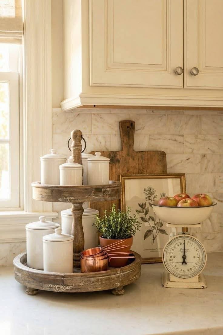 Vintage farmhouse-style kitchen counter decor