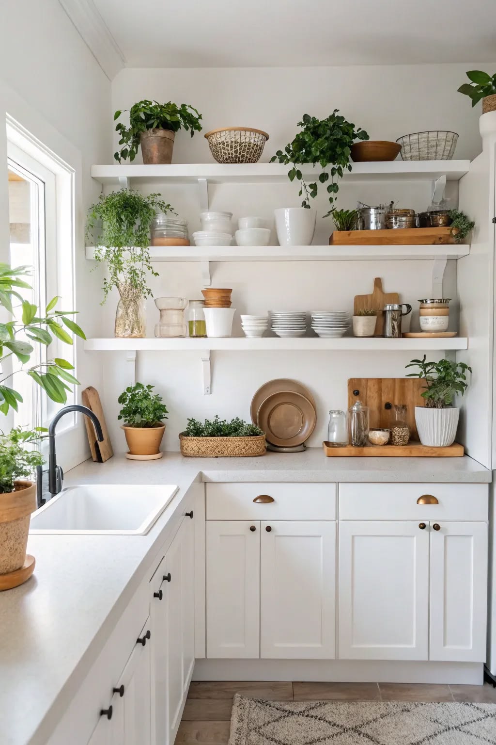 All-white kitchen shelf display with stacked bowls, plates and trailing plants
