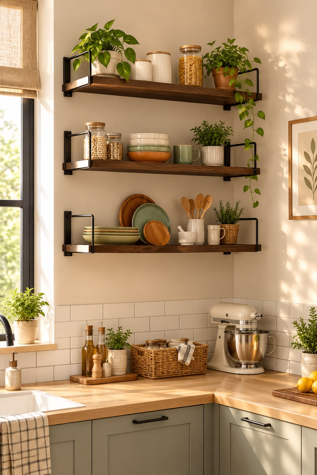 Dark wood kitchen shelves with plants and jars in front of sage green cabinetry