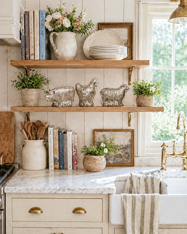 Cottage kitchen shelves with a floral pitcher, silver animal figurines and framed art