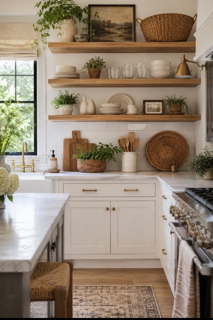 Farmhouse kitchen shelves with a woven basket, plants, dishes and a brass sconce