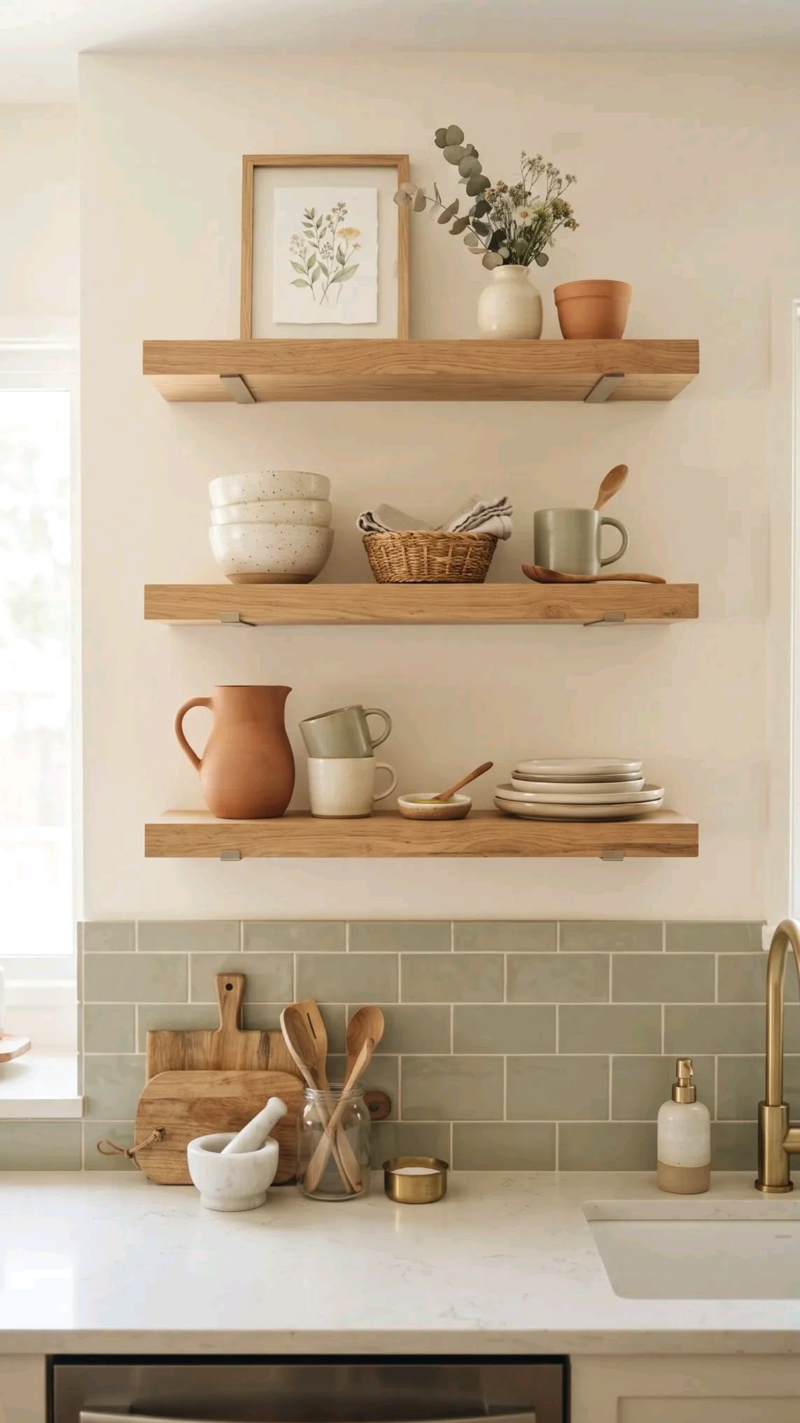 Three kitchen shelves styled with stacked plates, mugs and bowls above a terracotta pitcher