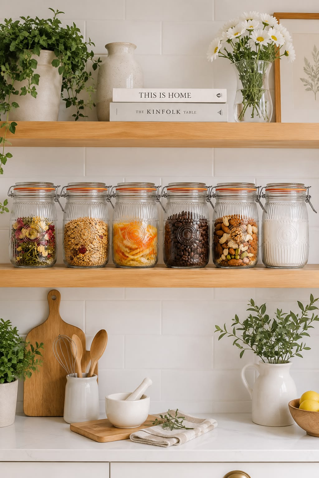 Row of glass jars filled with pasta, beans, coffee and flour on a kitchen shelf