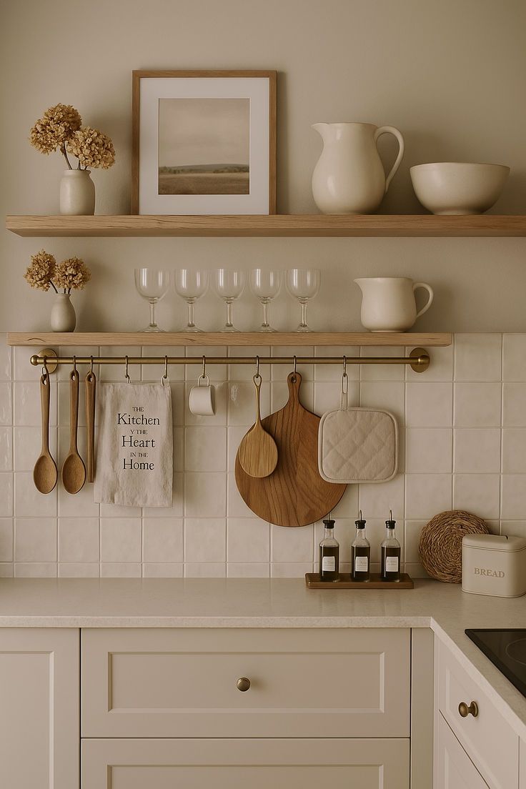 Minimal kitchen shelves styled with a pampas vase, framed print and two candles