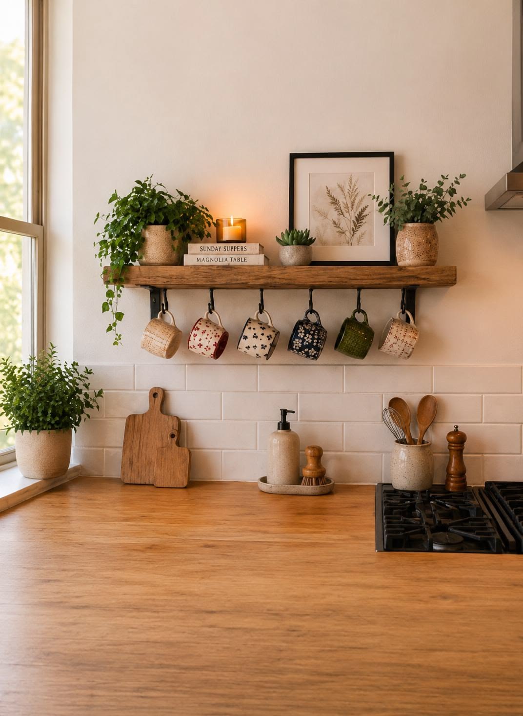 Six colorful patterned mugs hanging beneath a kitchen shelf with a candle and plants