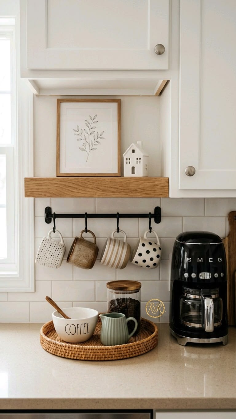 Black metal shelf rail with hanging mugs beneath a styled kitchen shelf