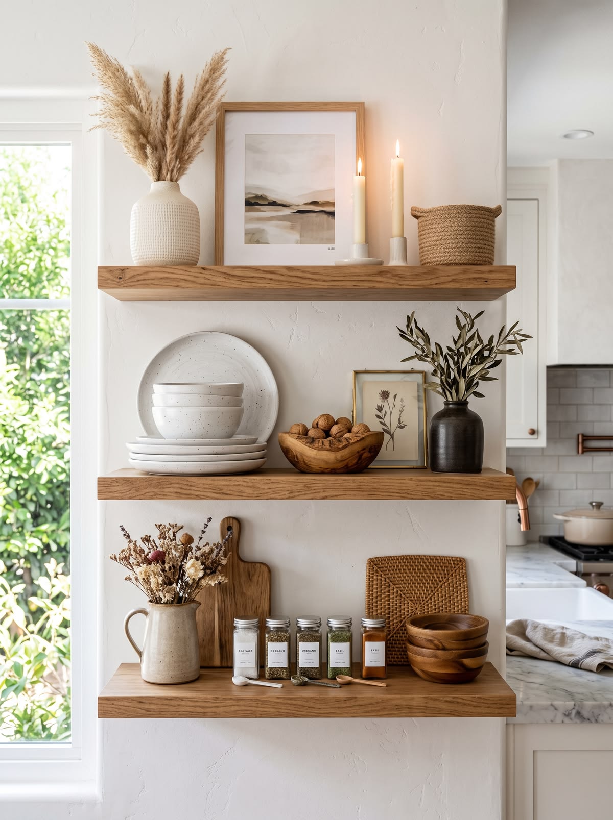 Small framed botanical prints leaning on kitchen shelves beside a vase and dried flowers