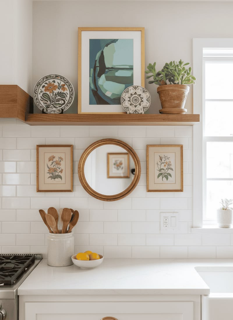 Small round gold mirror flanked by botanical prints below a styled kitchen shelf