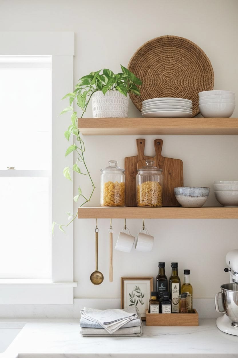 Stacked white plates and bowls on a kitchen shelf beside a woven tray and a plant