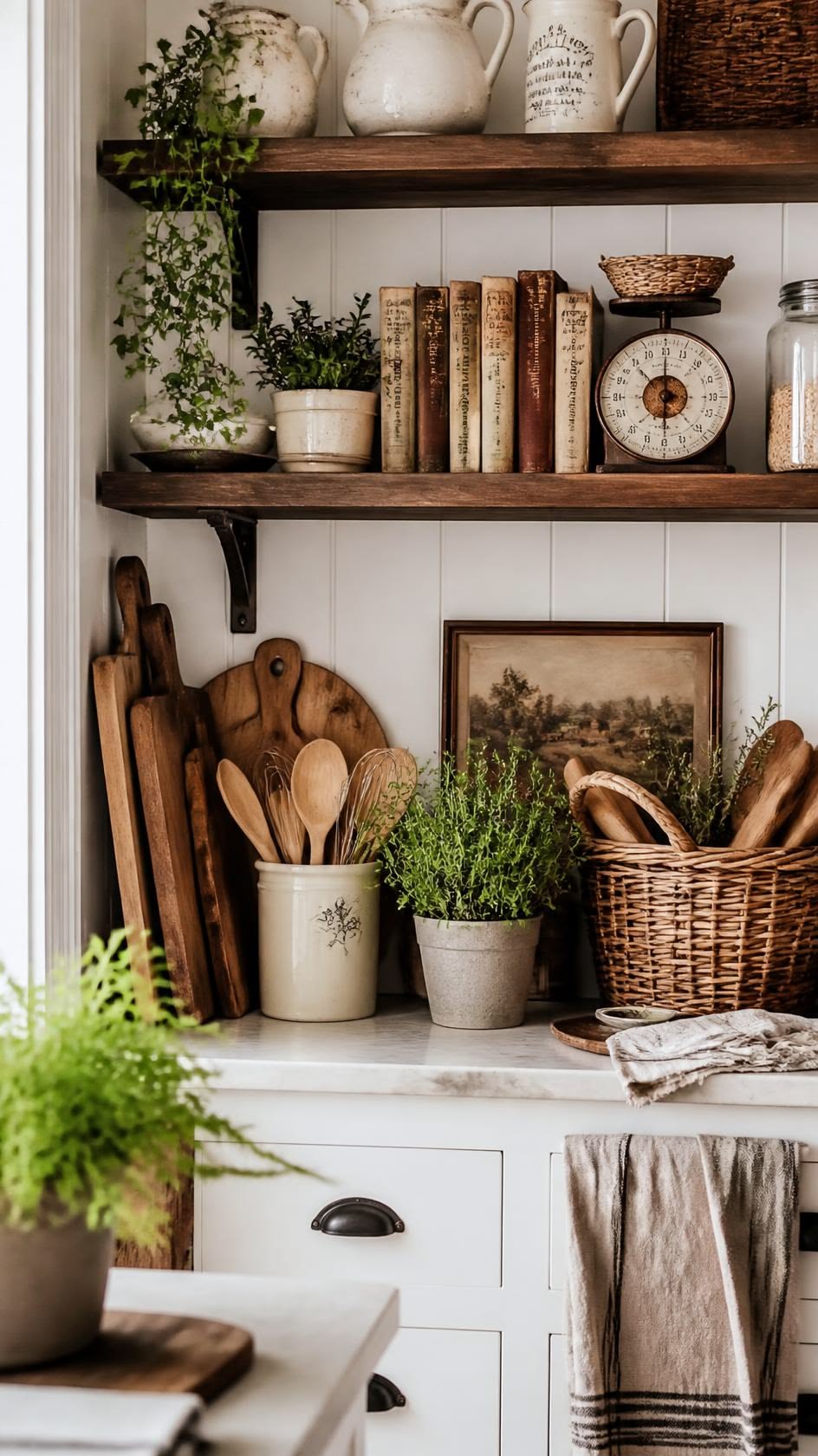 Vintage pitchers, antique books and a kitchen scale styled on a dark wood shelf