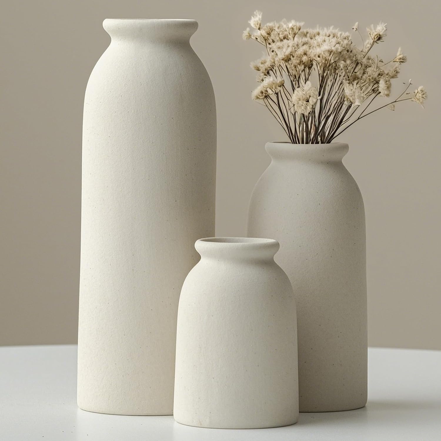 Ceramic Vase Set of 3, Small Flower Vases, Beige