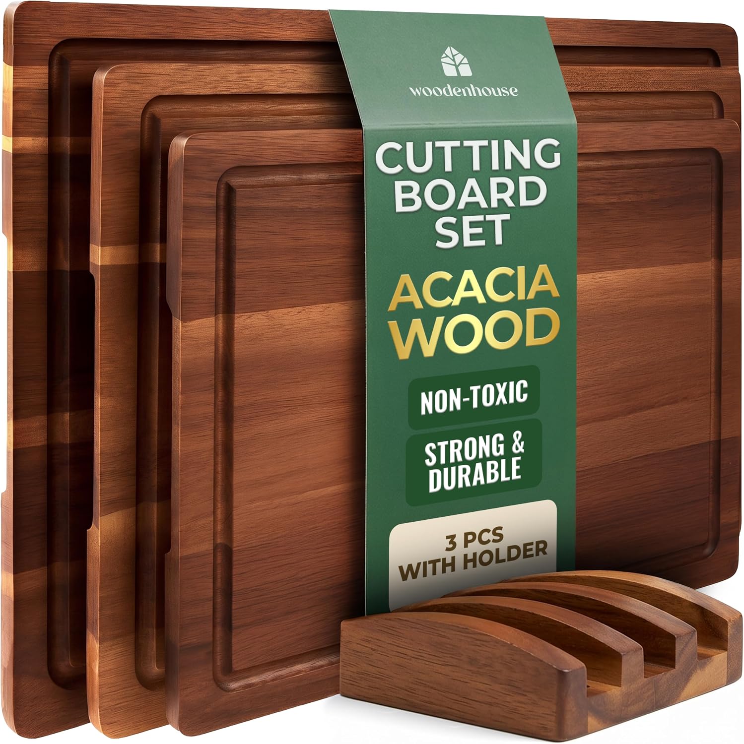 Acacia Wood Cutting Board Set of 3 with Holder