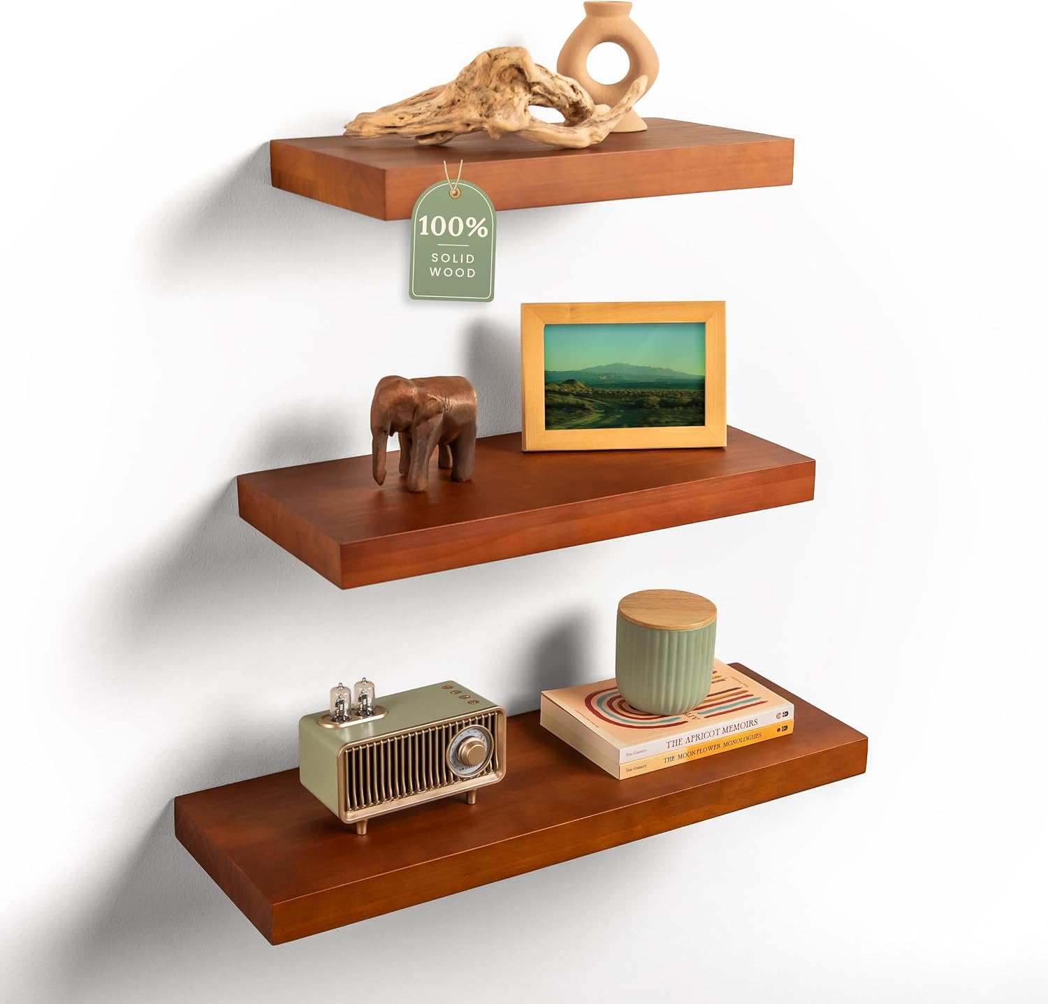 3 Floating Shelves for Wall, Rustic Pine Wood Shelf Set