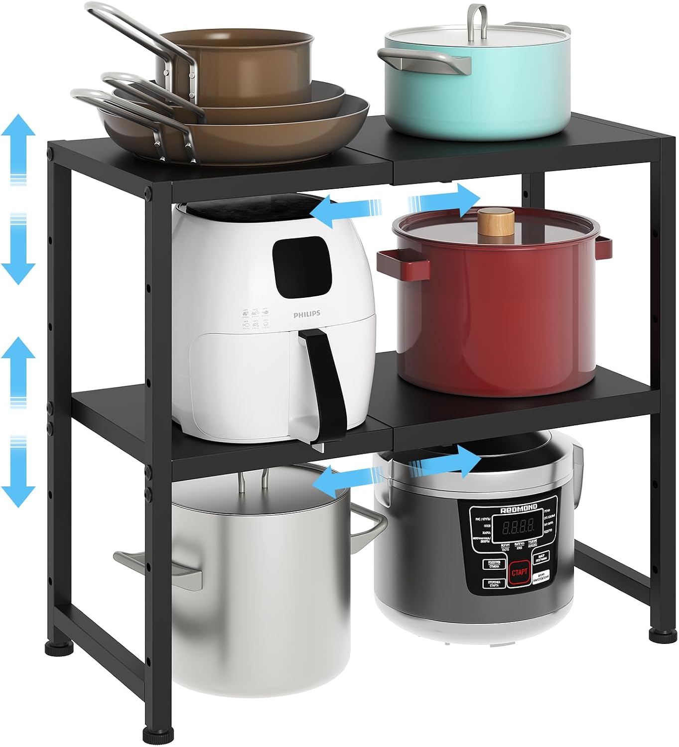 2-Tier Expandable Metal Storage Shelves, 150 lb, Heavy Duty Shelving Unit