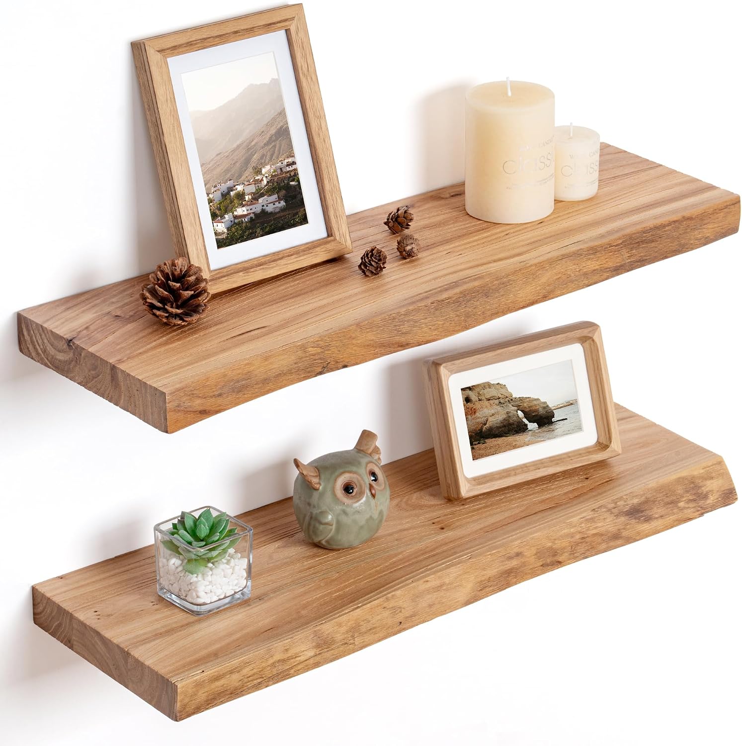 Solid Elm Wood Floating Shelves for Wall, 24 Inch, Set of 2, Natural