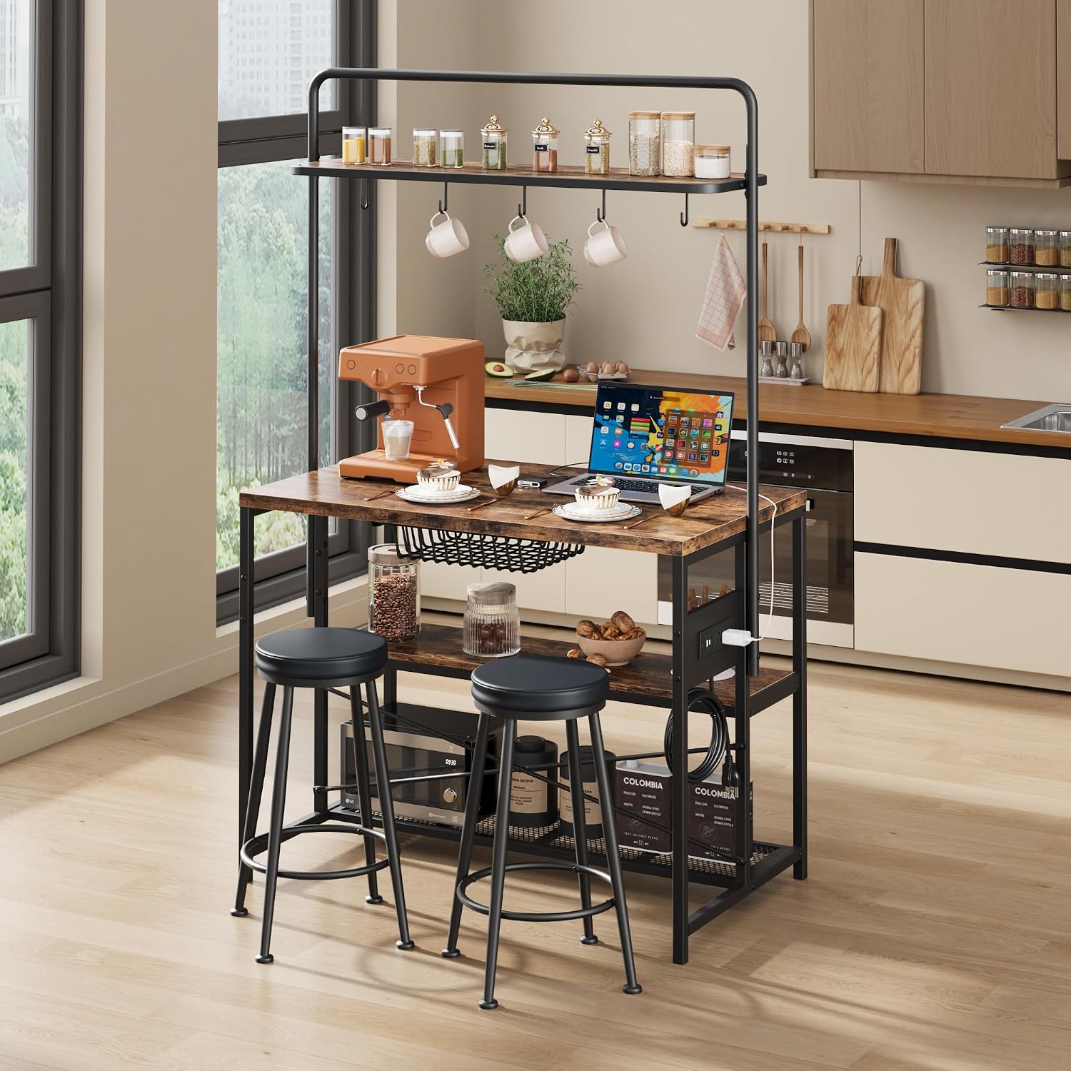 Garvee 3-Tier Small Kitchen Island with Power Outlet and 2 Bar Stools, Vintage