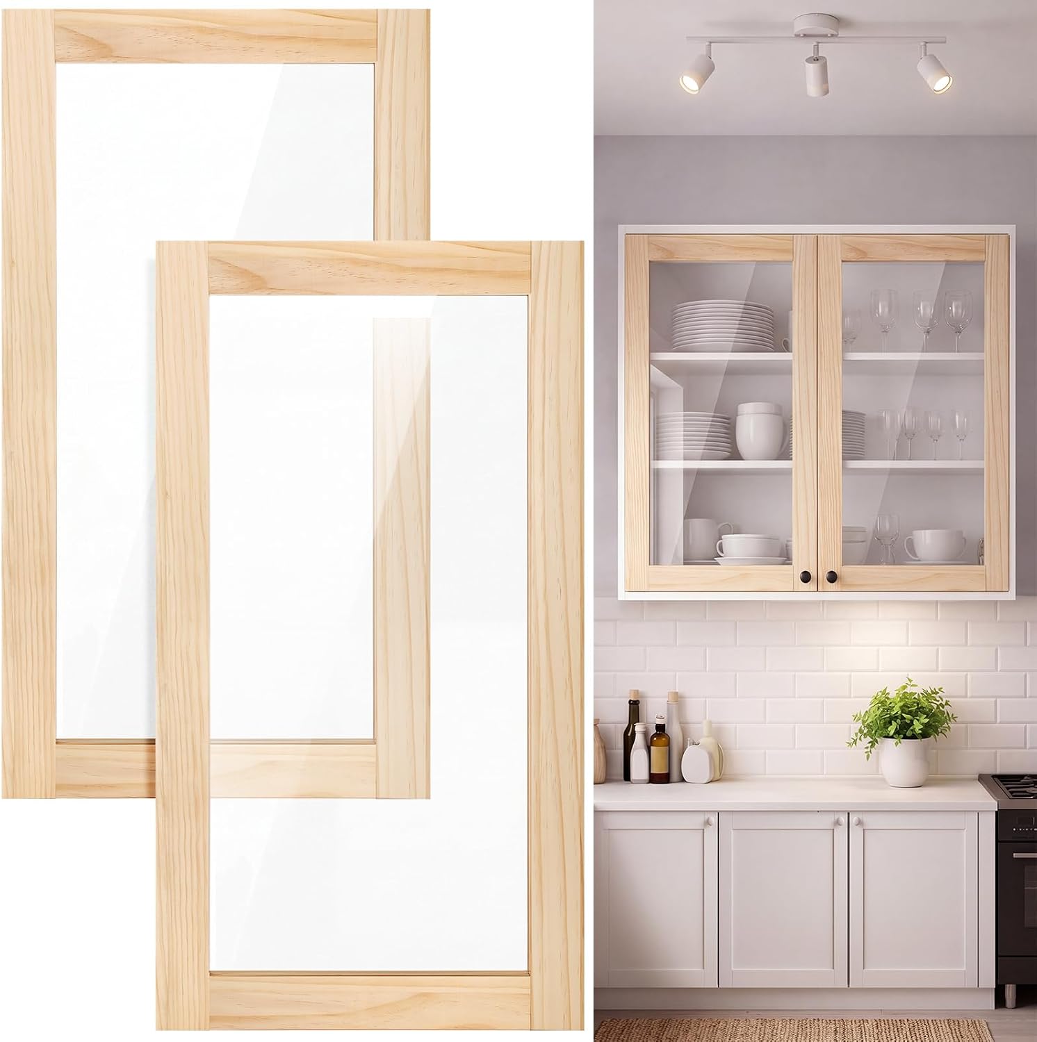 Unfinished Pine Kitchen Cabinet Doors for Glass Inserts, 2 Pcs, 15.5 x 29 Inch