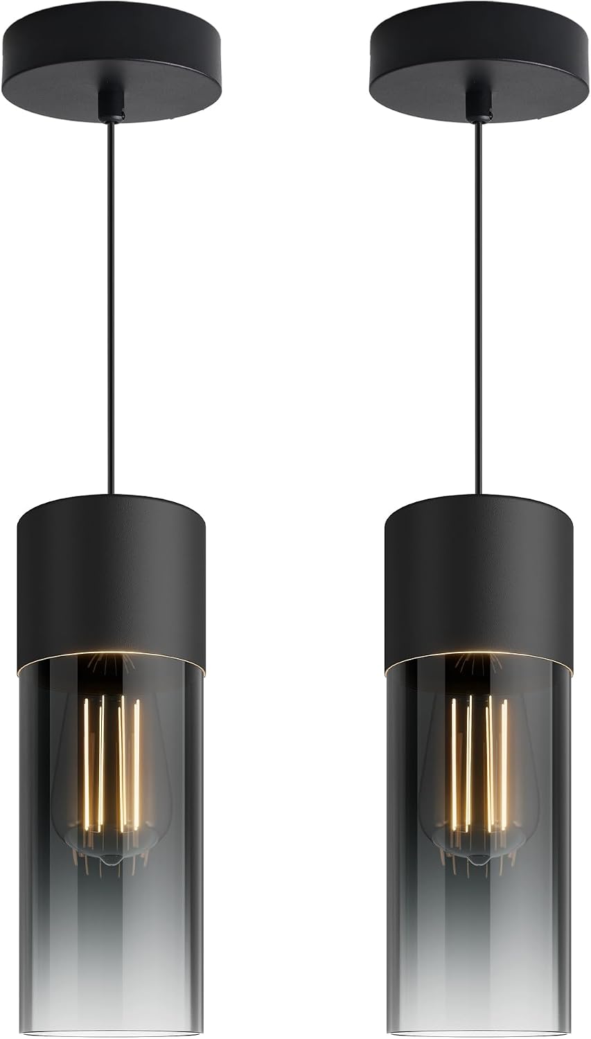 2-Pack Modern Pendant Light Fixtures, Metal Body with Gradient Black Cylindrical Glass