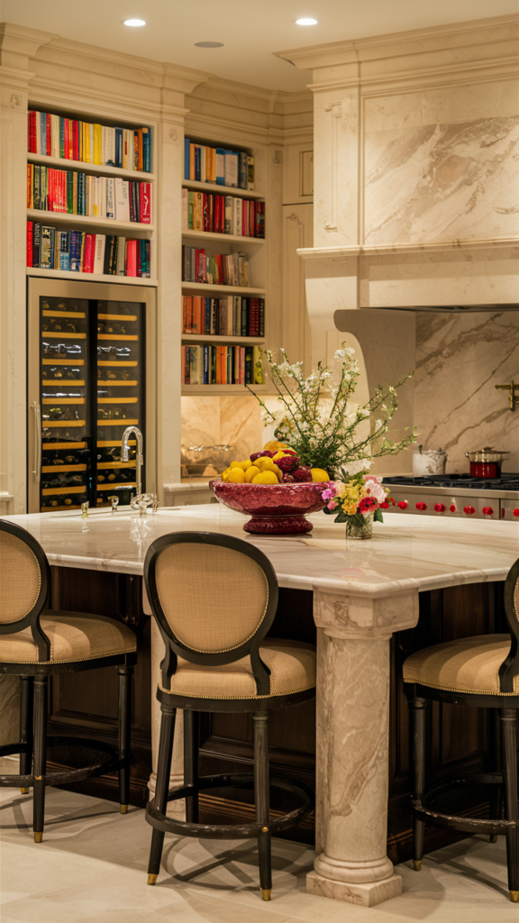 Luxurious and inviting kitchen featuring a multi-functional island