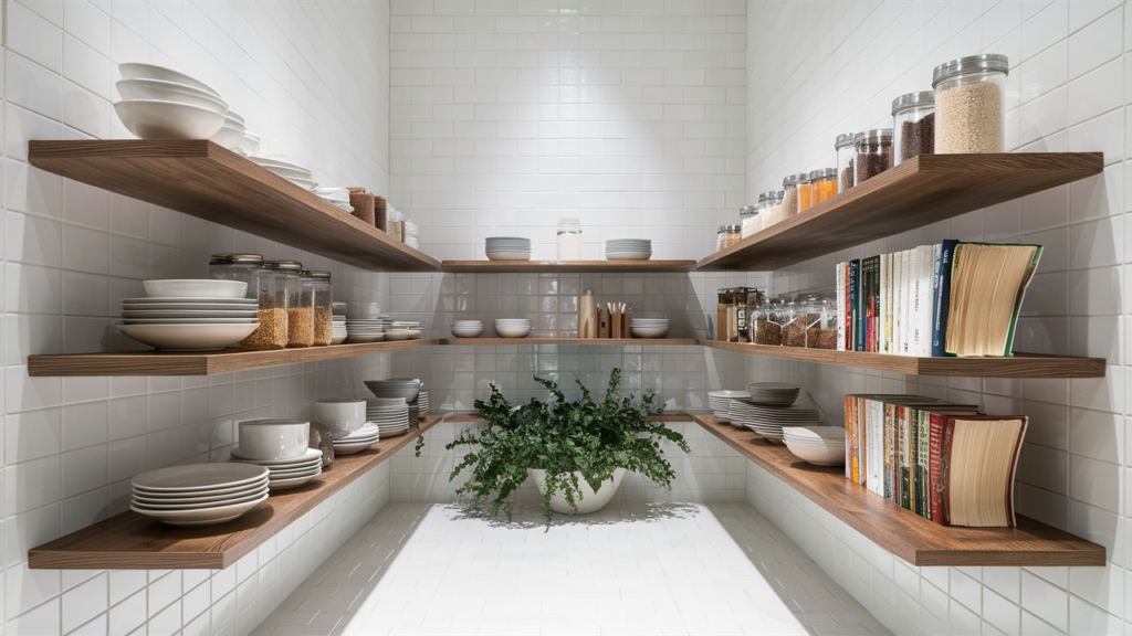 Sleek and minimalist kitchen featuring open shelving design