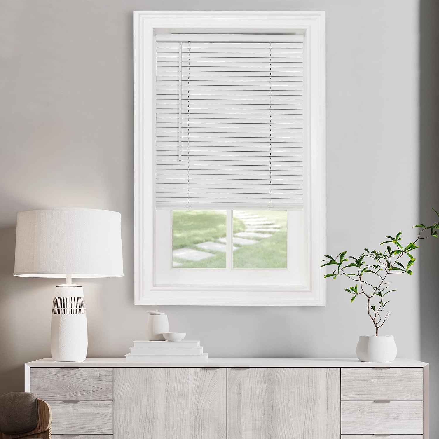 Cordless Light Filtering Mini Blind, 27 x 64 Inch, Pearl White