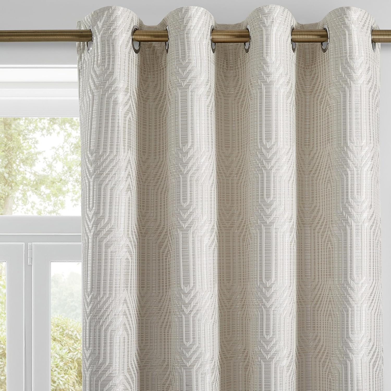 Beige and Silvery 100% Blackout Geometric Pattern Curtains, 2 Panels, 96 Inches Long