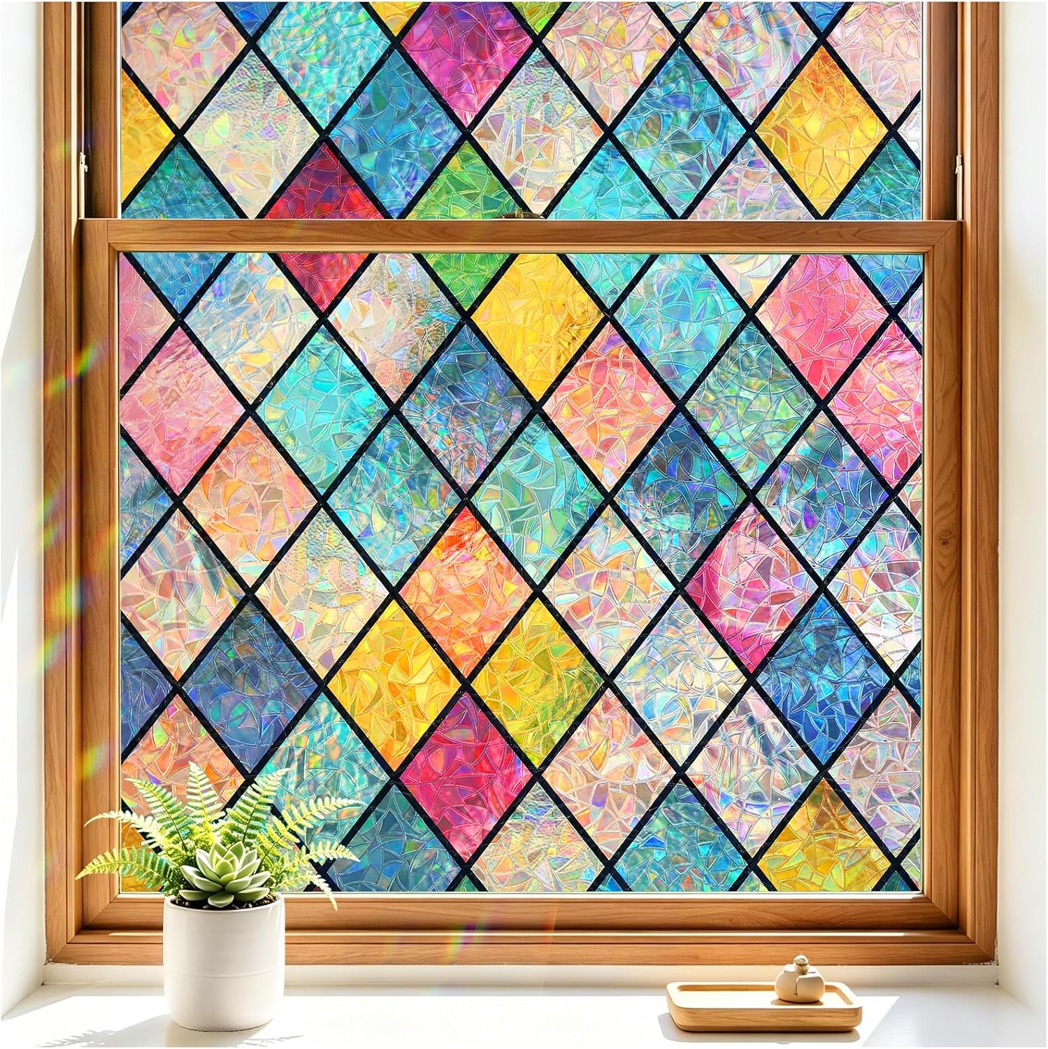 Haton Stained Glass Window Film, Rainbow Lattice, 17.5 x 78.7 Inch