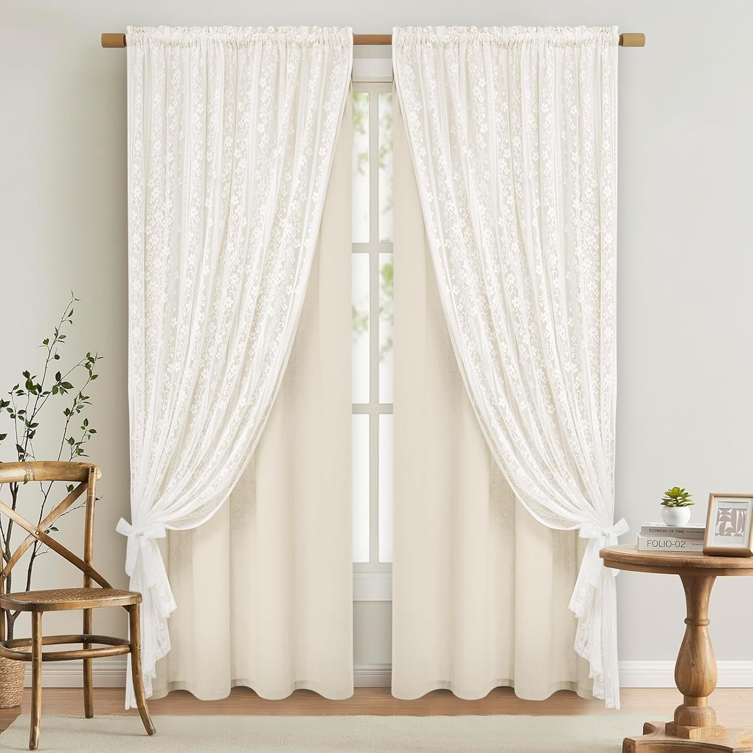 ASPMIZ Double Layered Boho Linen Curtains with Lace, Farmhouse Style