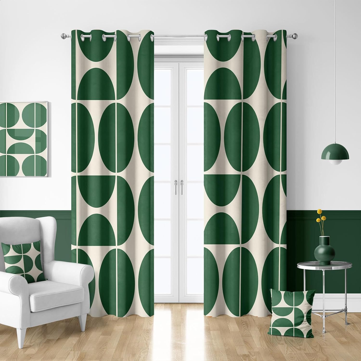 Green and Beige Mid Century Geometric Blackout Curtains
