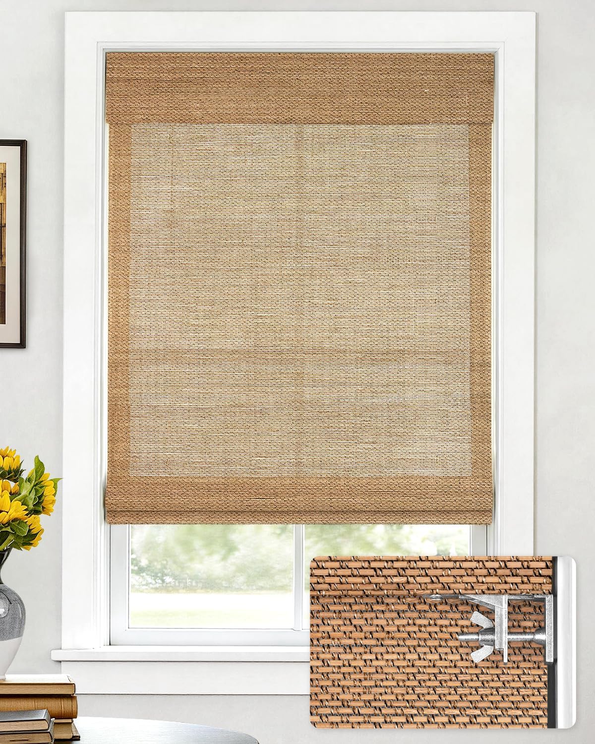 LazBlinds No-Drill Bamboo Roman Shades, 22 x 48 Inch, Star Brown
