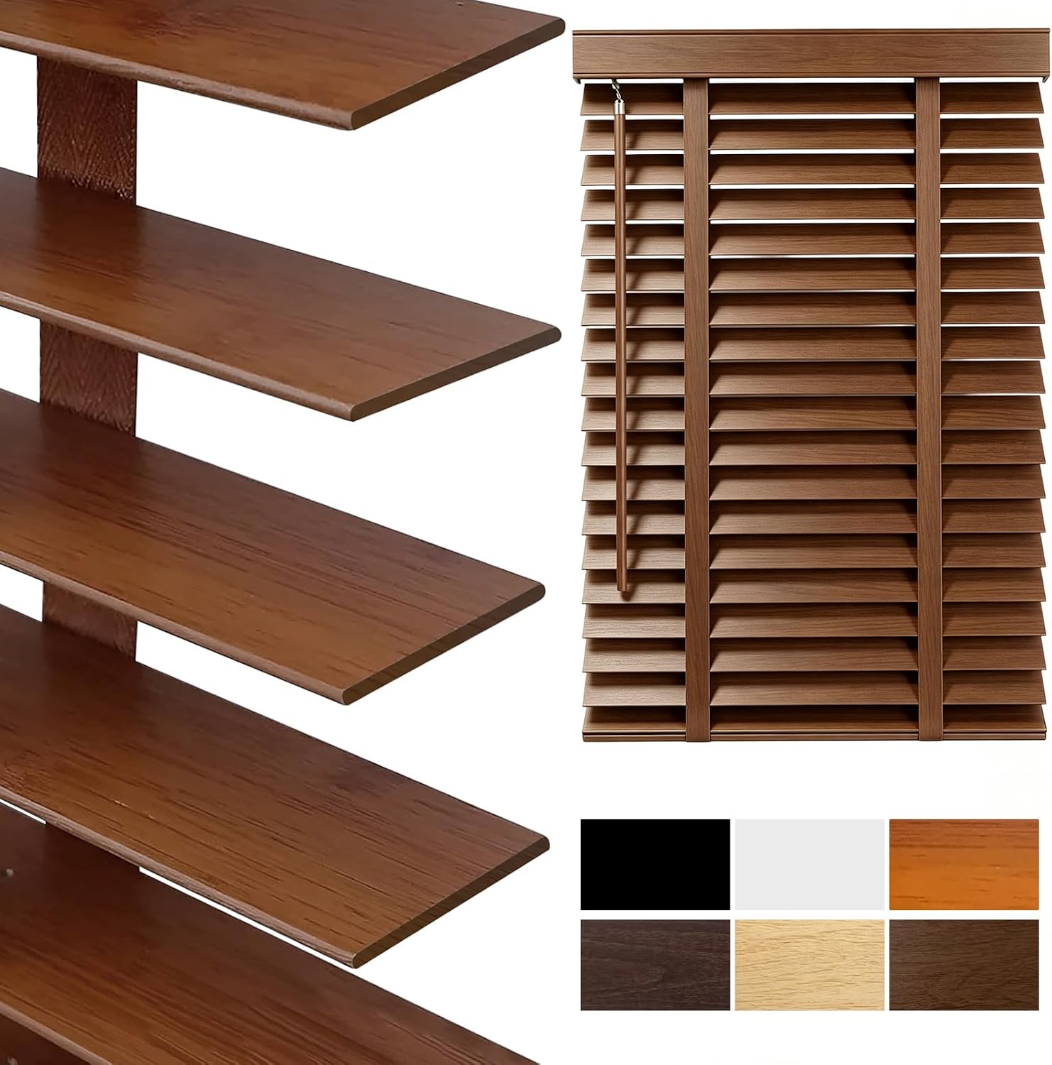 Cordless Wood Blinds for Indoor Windows, 2 Inch Slats, Solid Wood