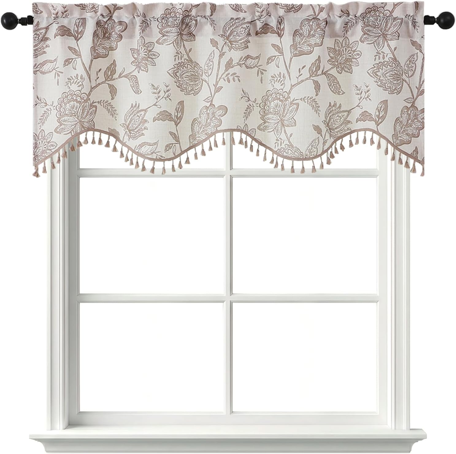 Scalloped Valance for Windows, Faux Linen, Short Kitchen Valance with Tassels