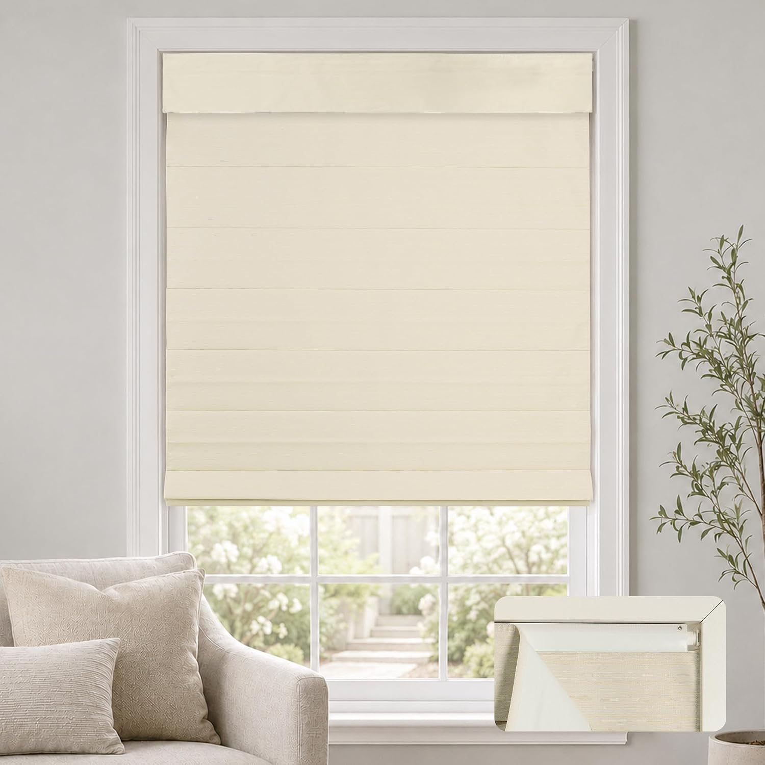 HESTIA No-Drill Roman Shades for Indoor Windows, Beige, 35.5 x 64 Inch