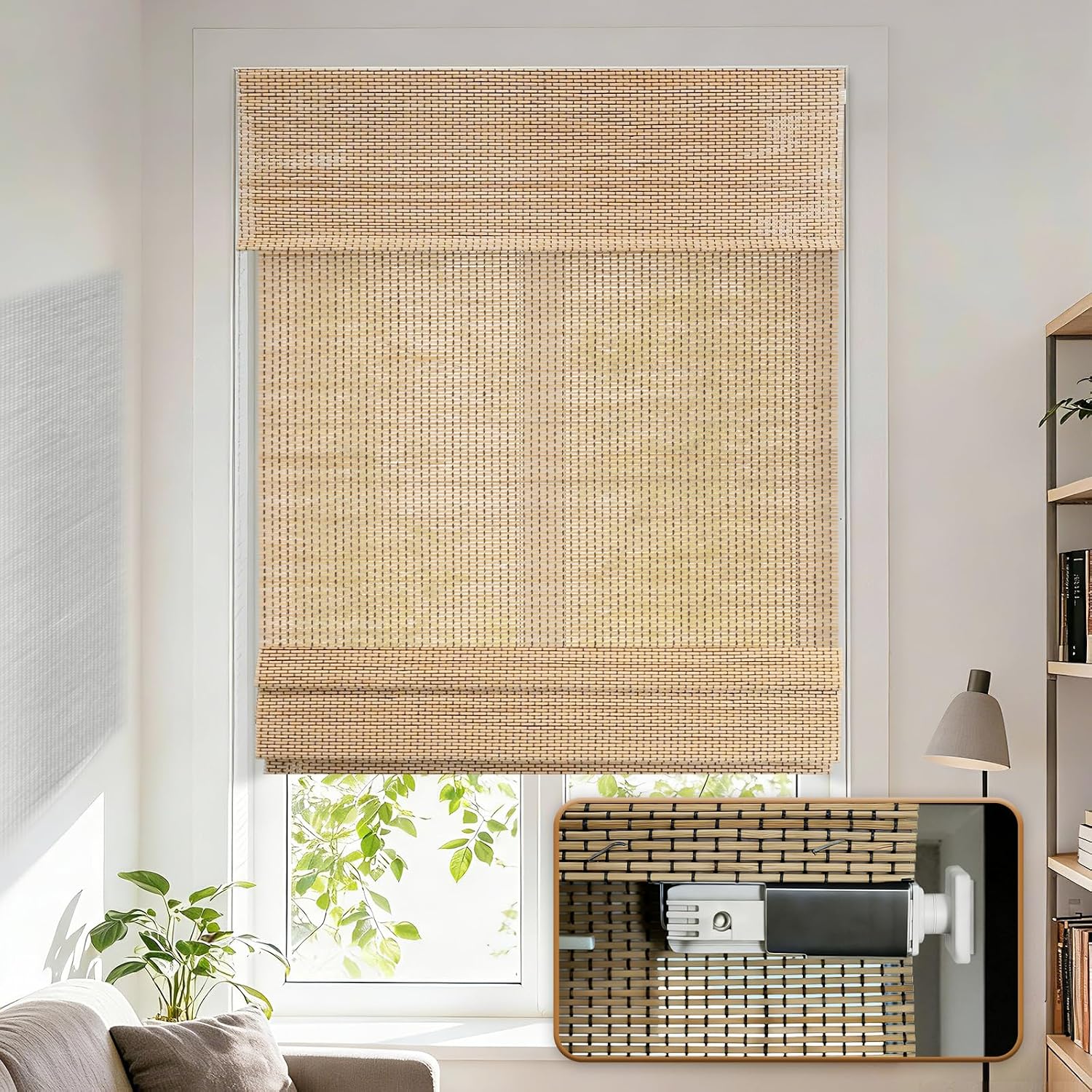 No-Drill Cordless Bamboo Roman Shades, Natural, 21 x 48 Inch