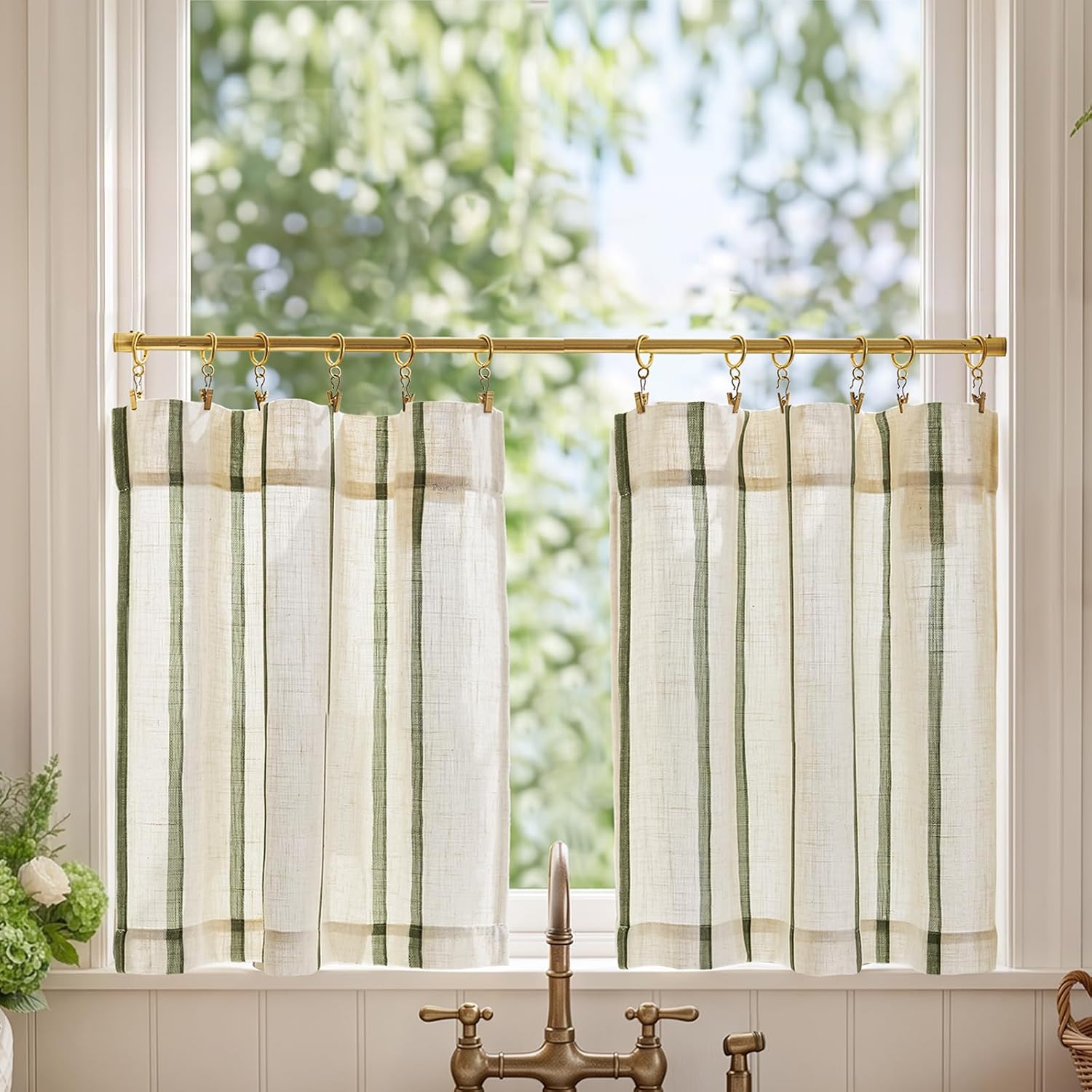jinchan Linen Striped Tier Curtains for Kitchen Windows, Green, 26 x 24 Inch