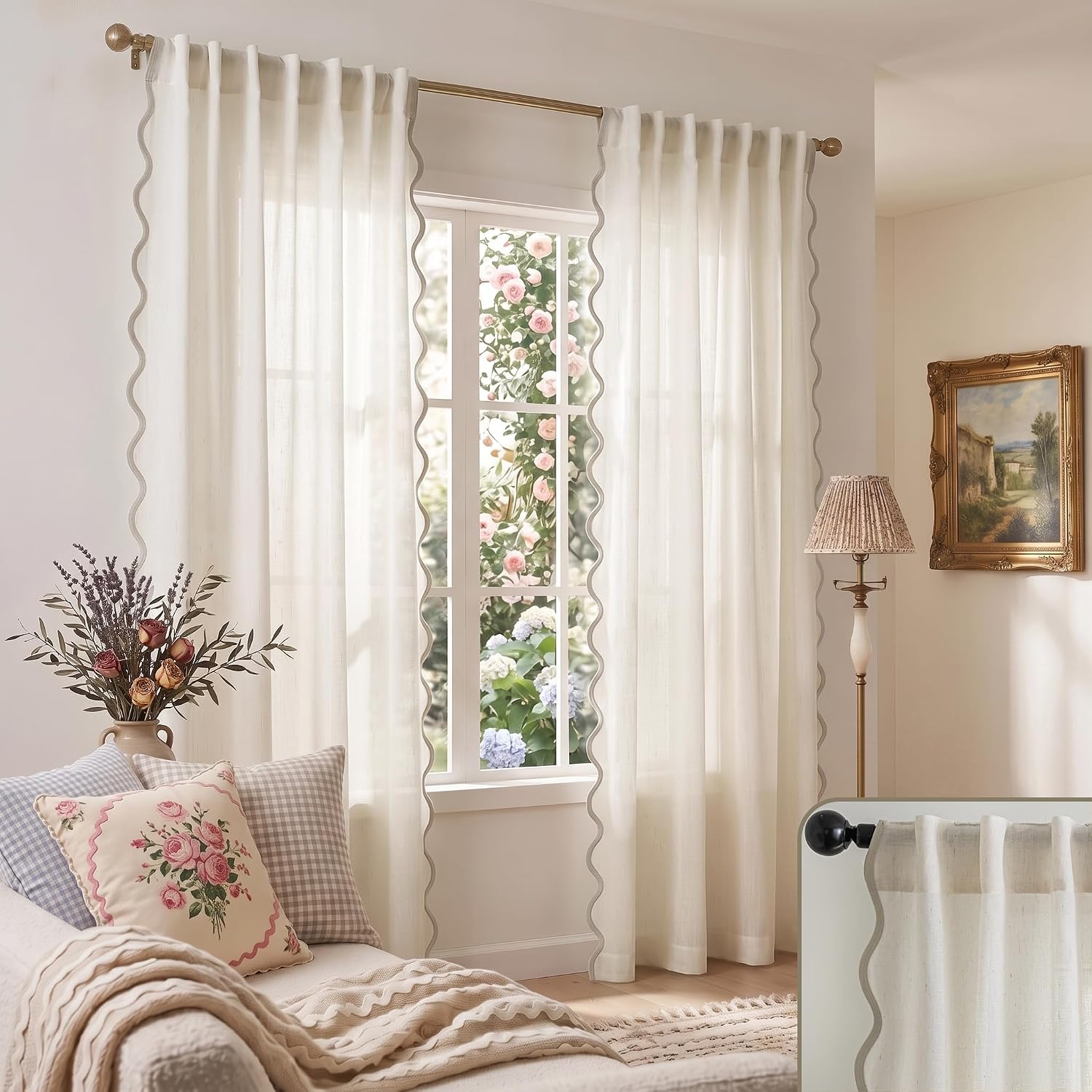 Cottage Core Cream Scalloped Linen Curtains, French Country Ruffle Farmhouse