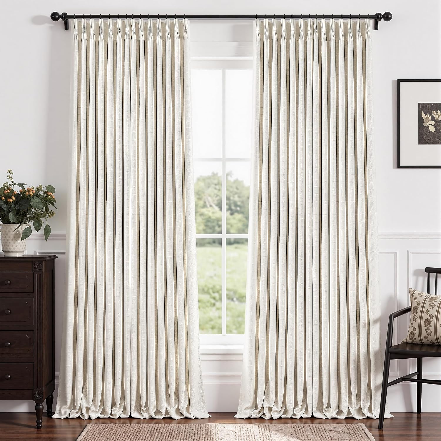 Blackout Triple Pinch Pleat Curtains, Natural Cream, 86 Inches Long, 2 Panels