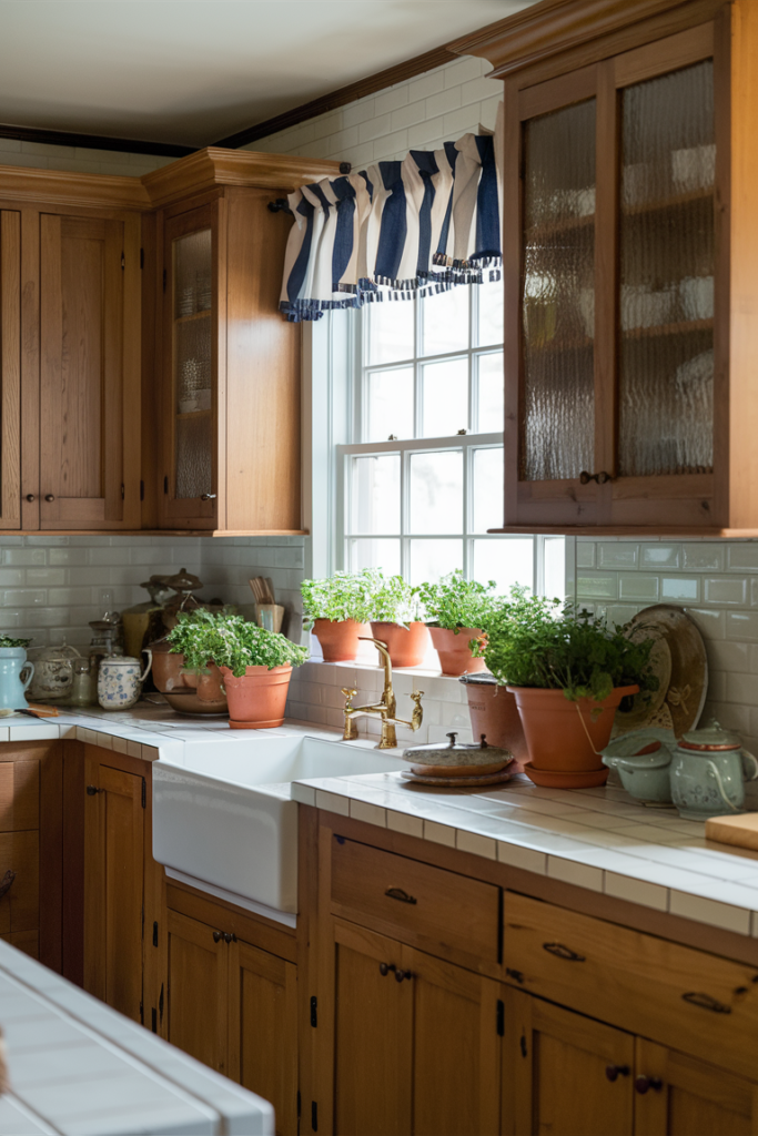Bold valance styled in a charming farmhouse kitchen