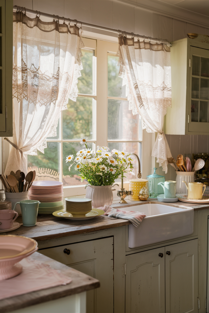 Cafe curtains in a delightful vintage-inspired kitchen